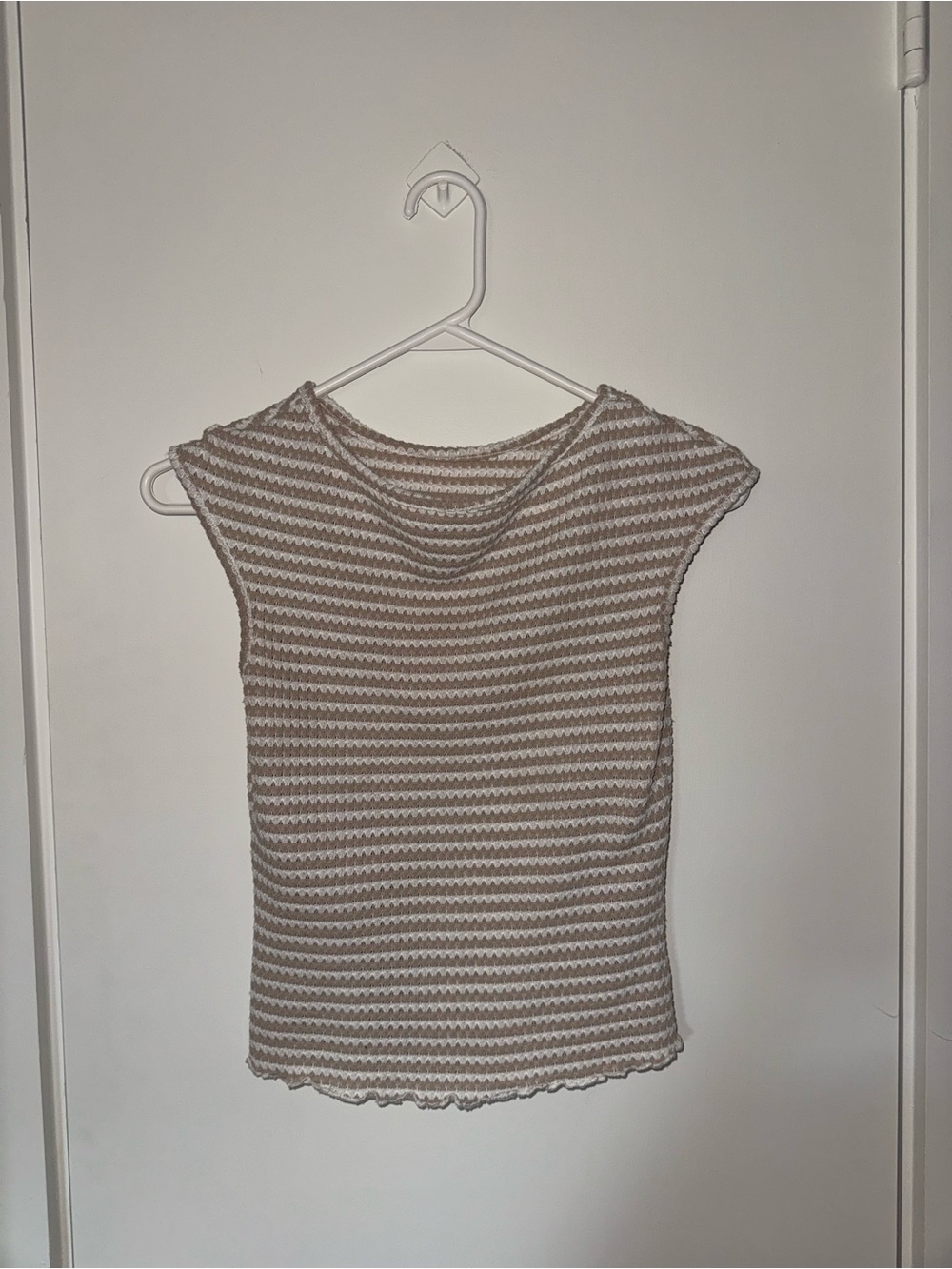 Striped Cap-Sleeve Knit Top in Beige and White